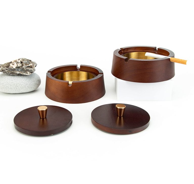 YUESHEN Custom Solid Wood Ashtray – Premium Walnut & Rubberwood with Lid & Stainless Steel Liner