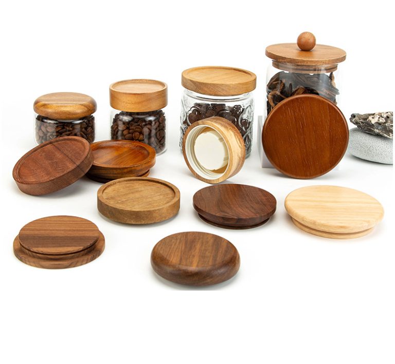YUESHEN Custom Acacia Wood Round Lids – Premium Wooden Lids for Storage Jars & Bottles
