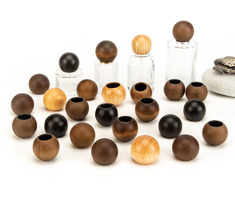 YUESHEN Custom Solid Wood Ball Caps | Beech & Walnut Round Lids for Perfume & Reed Diffuser Bottles