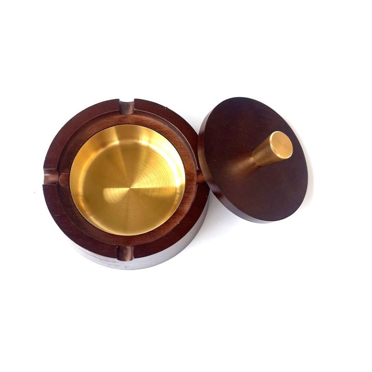 Luxury Round Solid Wood Ashtray | New Chinese Style Windproof Lidded Cigar Ashtray